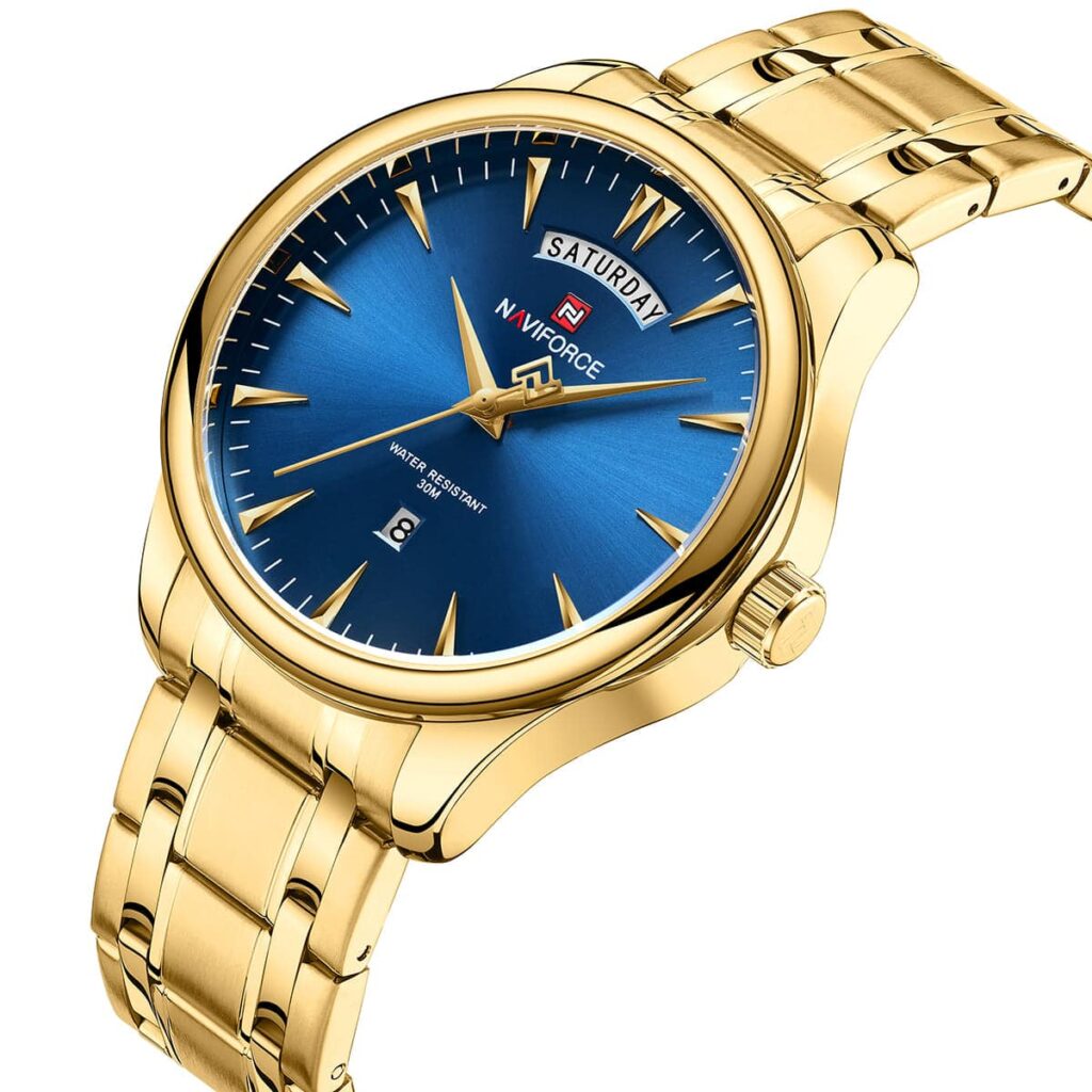nf9213 g be naviforce watch men blue dial stainless steel metal gold strap quartz battery analog three hand for dream 2