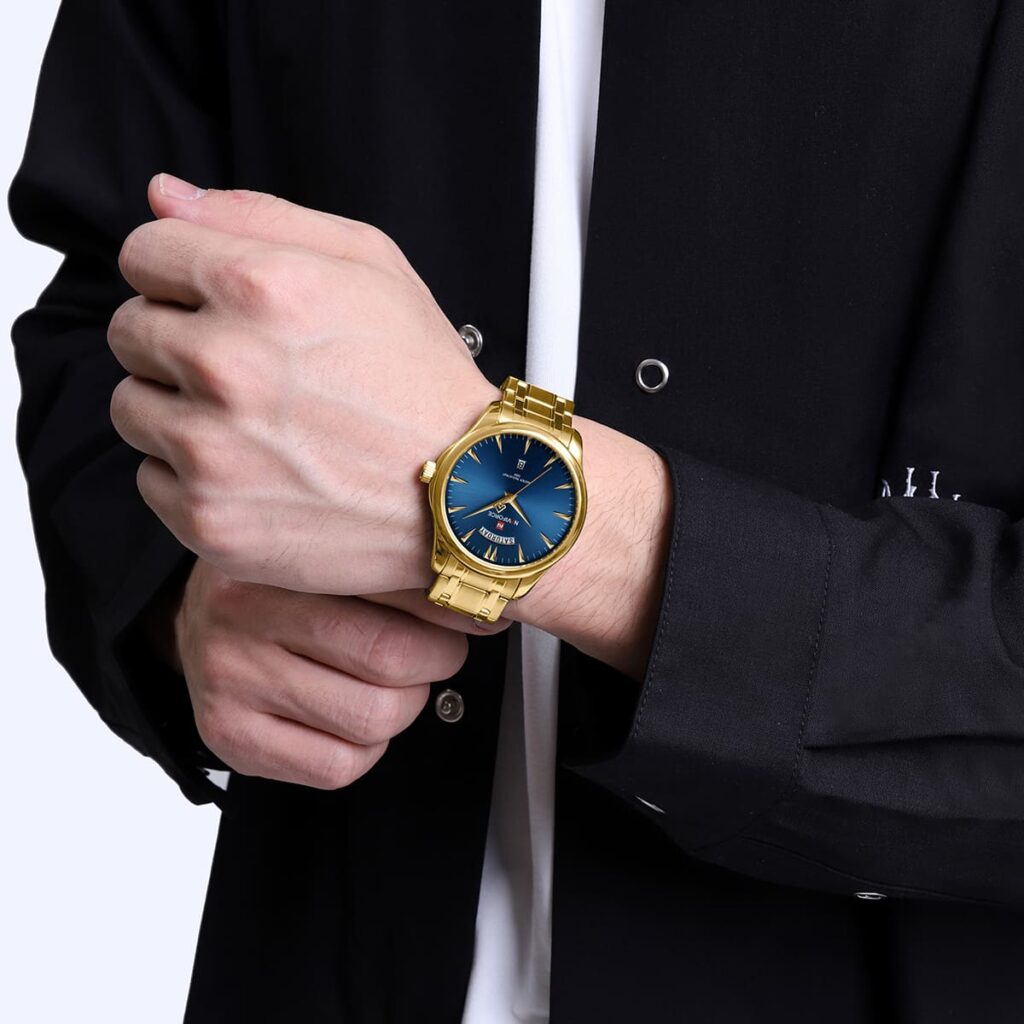nf9213 g be naviforce watch men blue dial stainless steel metal gold strap quartz battery analog three hand for dream 6