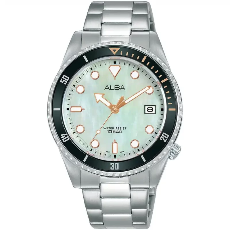 ag8l49x1 alba watch women white mother of pearl dial stainless steel metal silver strap quartz movt japan analog water resist 10bar three hand acti