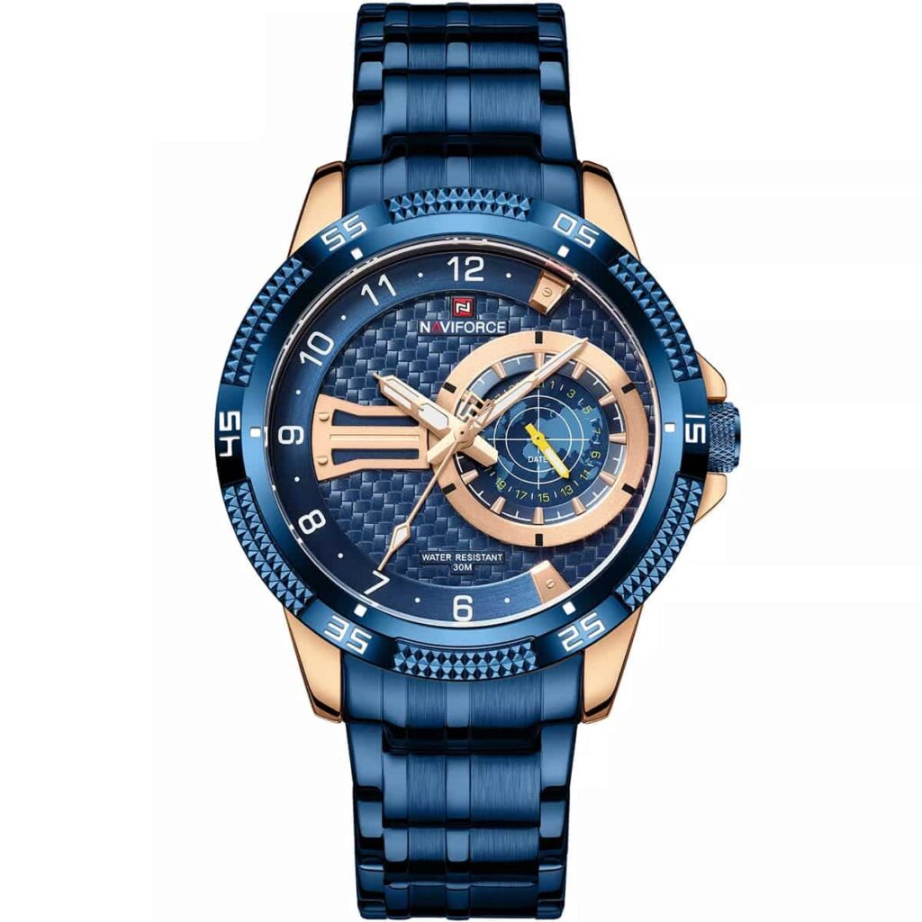nf9206 rg be naviforce watch men blue dial metal strap quartz battery analog water resistant 30m for dream