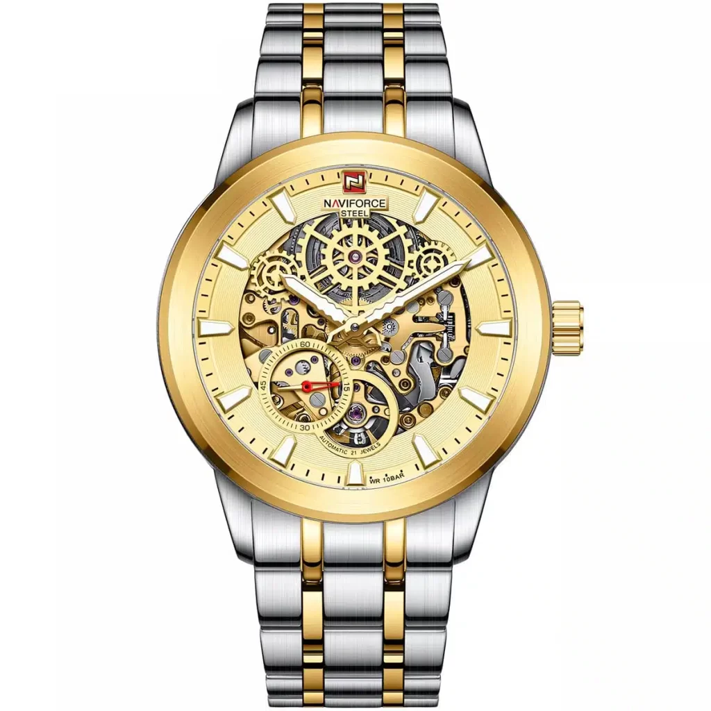 nfs1002 s g naviforce watch men gold dial metal silver golden steel strap automatic analog for dream.jpg