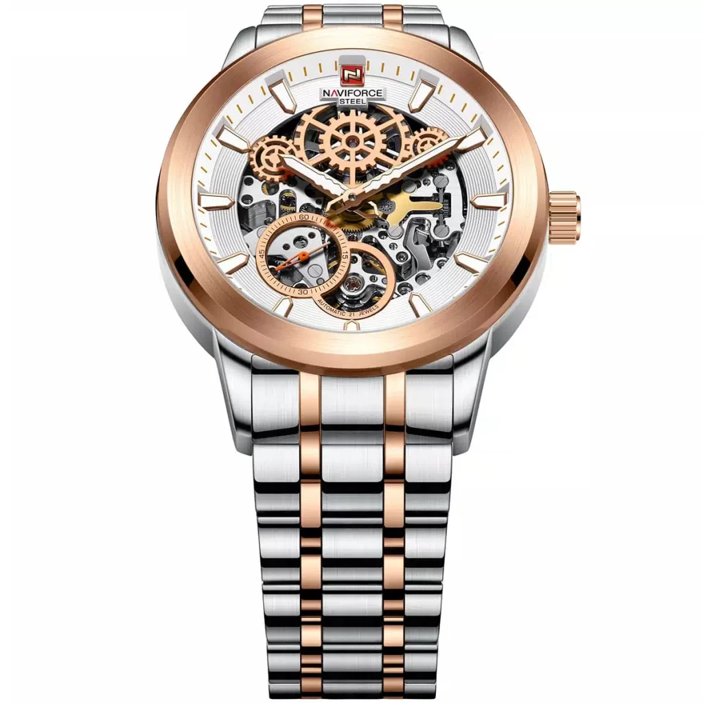 nfs1002 s rg naviforce watch men silver dial metal rose gold steel strap automatic analog for dream 5.jpg