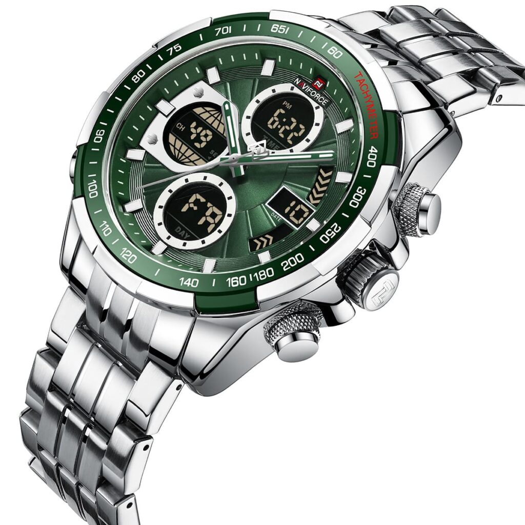 nf9197s s s gn naviforce watch men green dial metal silver strap quartz battery digital analog chronograph for dream 2