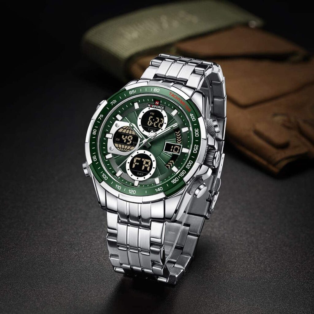 nf9197s s s gn naviforce watch men green dial metal silver strap quartz battery digital analog chronograph for dream 4