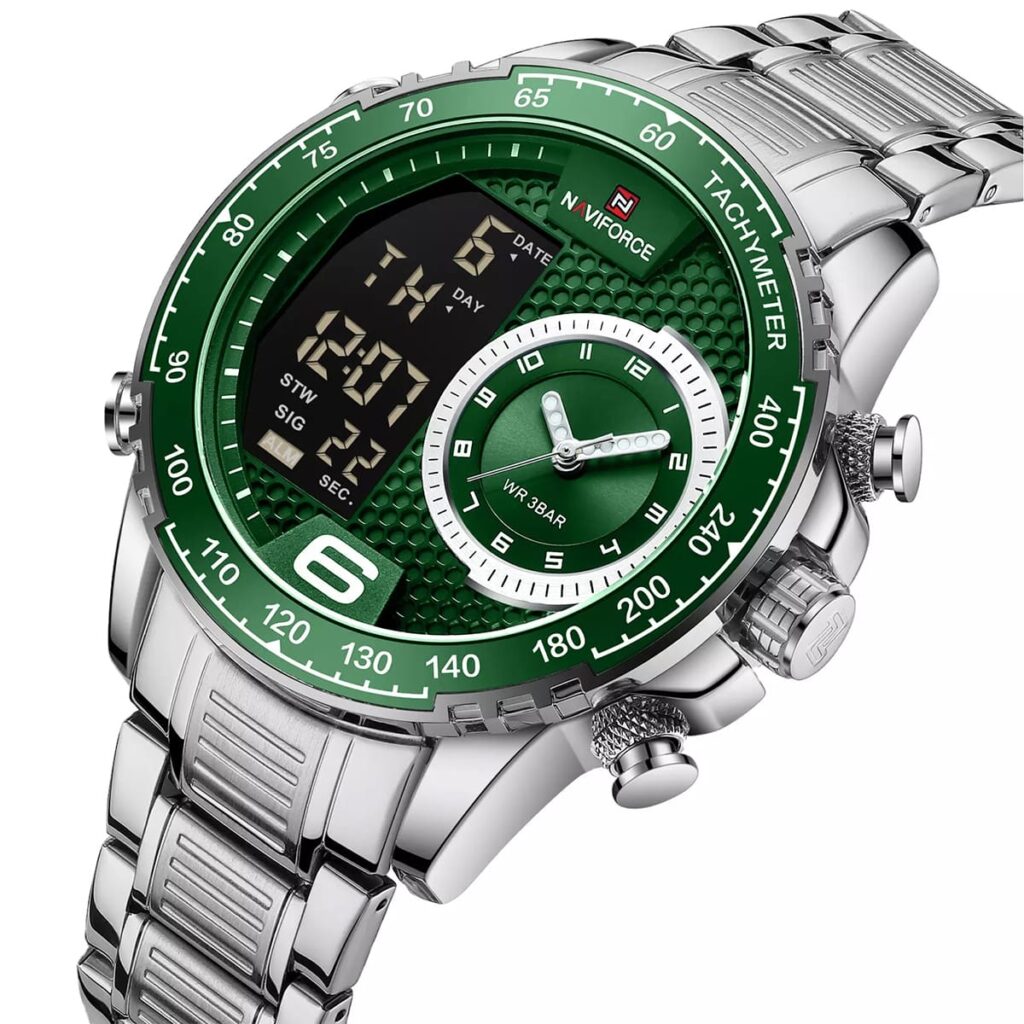 nf9199s s gn naviforce watch men green dial metal silver strap quartz battery digital analog wr 3atm for dream 2