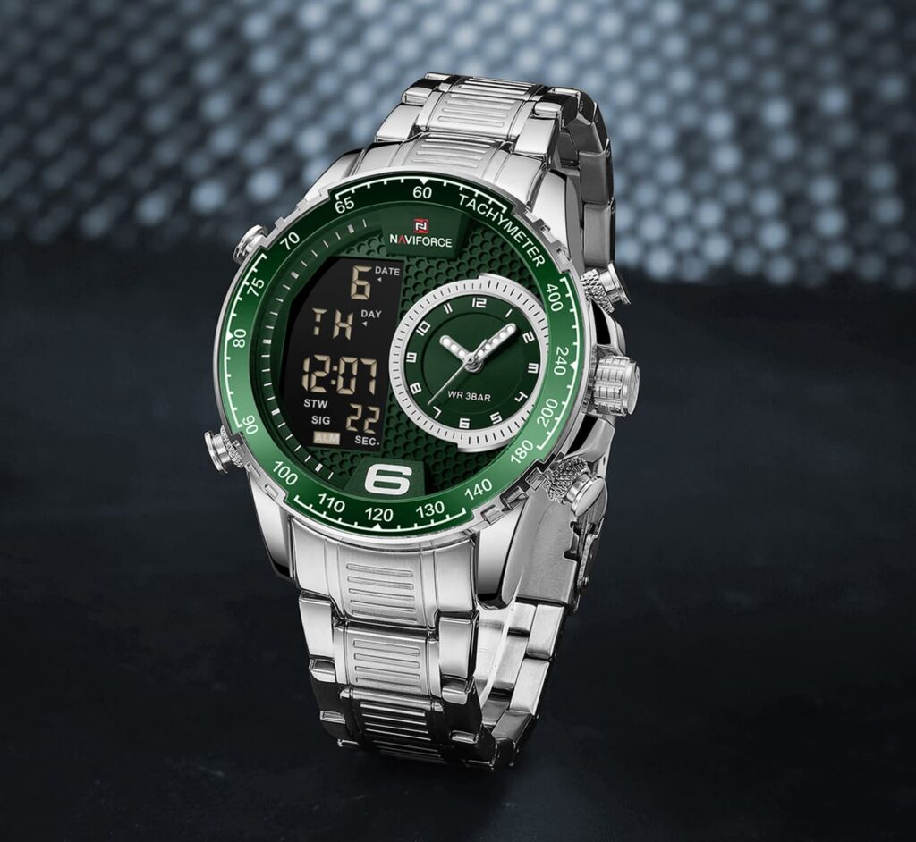 nf9199s s gn naviforce watch men green dial metal silver strap quartz battery digital analog wr 3atm for dream 4