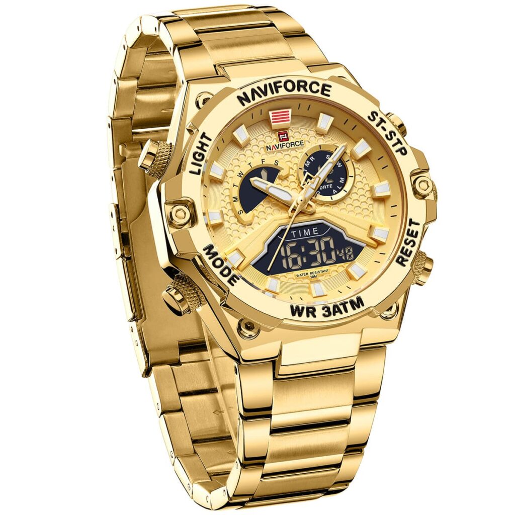 nf9207 g g g naviforce watch men gold dial stainless steel metal golden strap quartz battery digital analog three hand for dream 4