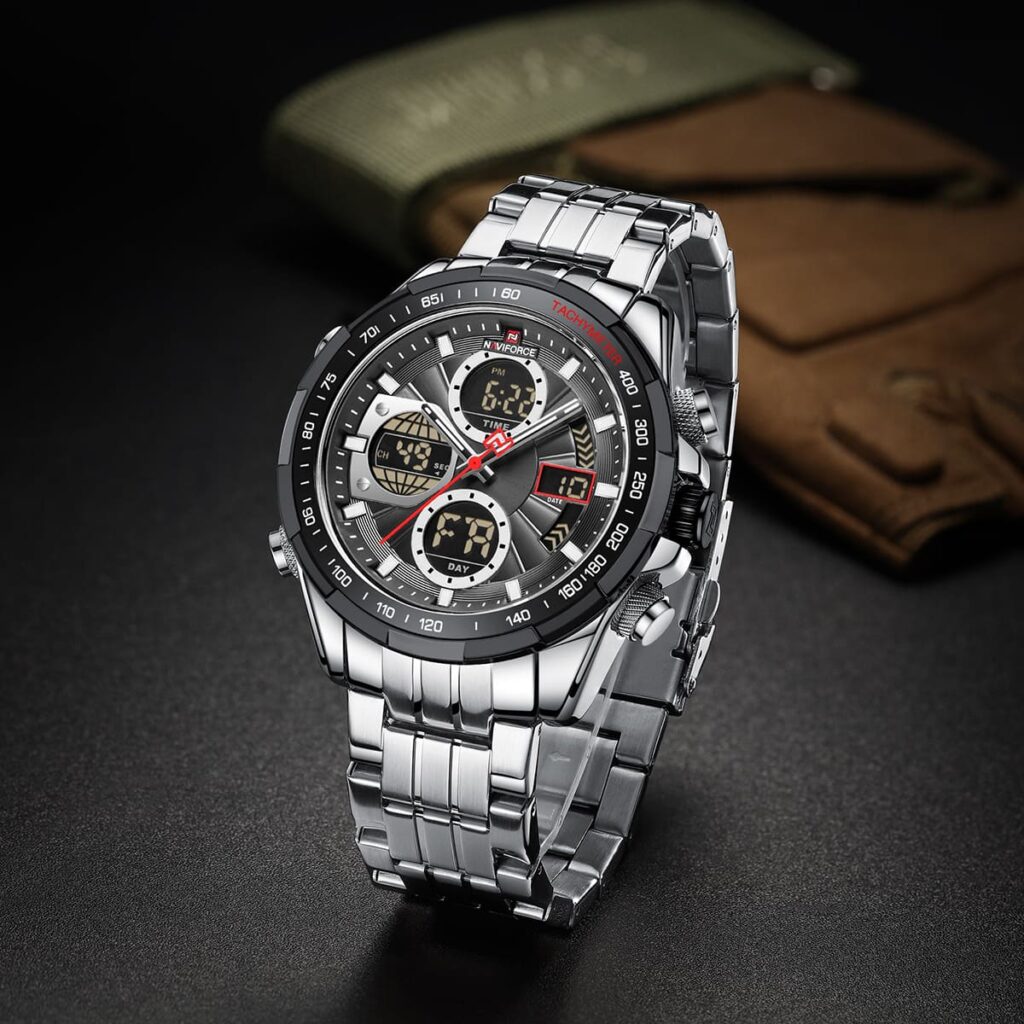 nf9197s s b gy naviforce watch men gray dial metal silver strap quartz battery digital analog chronograph for dream 3