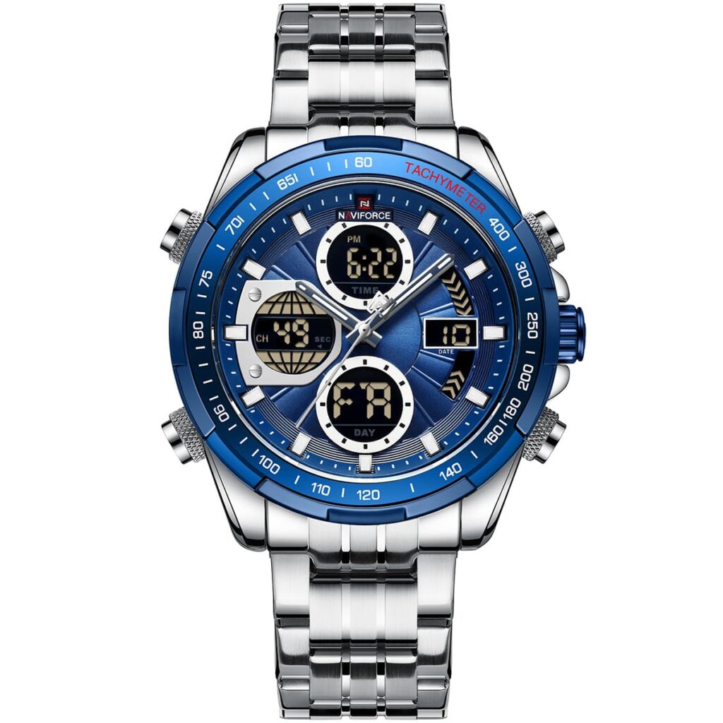 nf9197s s be be naviforce watch men blue dial metal silver strap quartz battery digital analog chronograph for dream