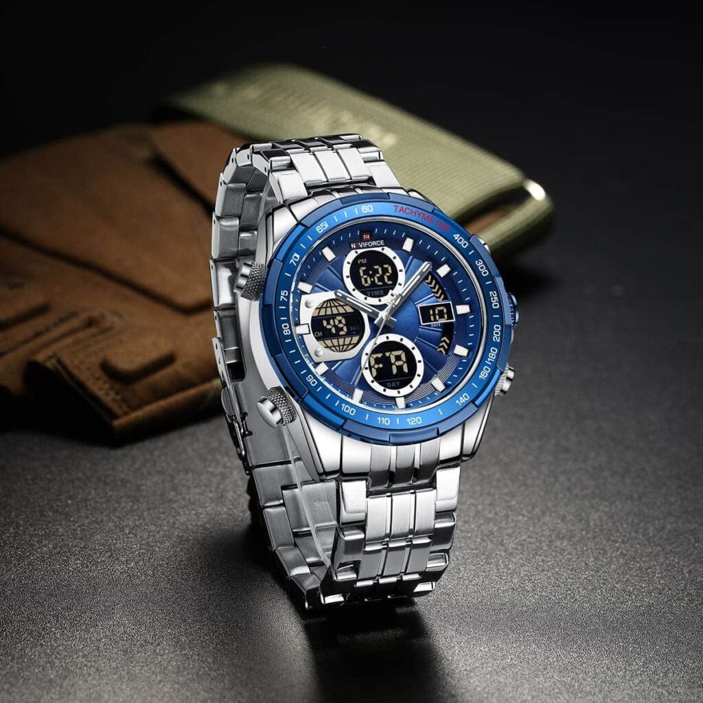 nf9197s s be be naviforce watch men blue dial metal silver strap quartz battery digital analog chronograph for dream 4